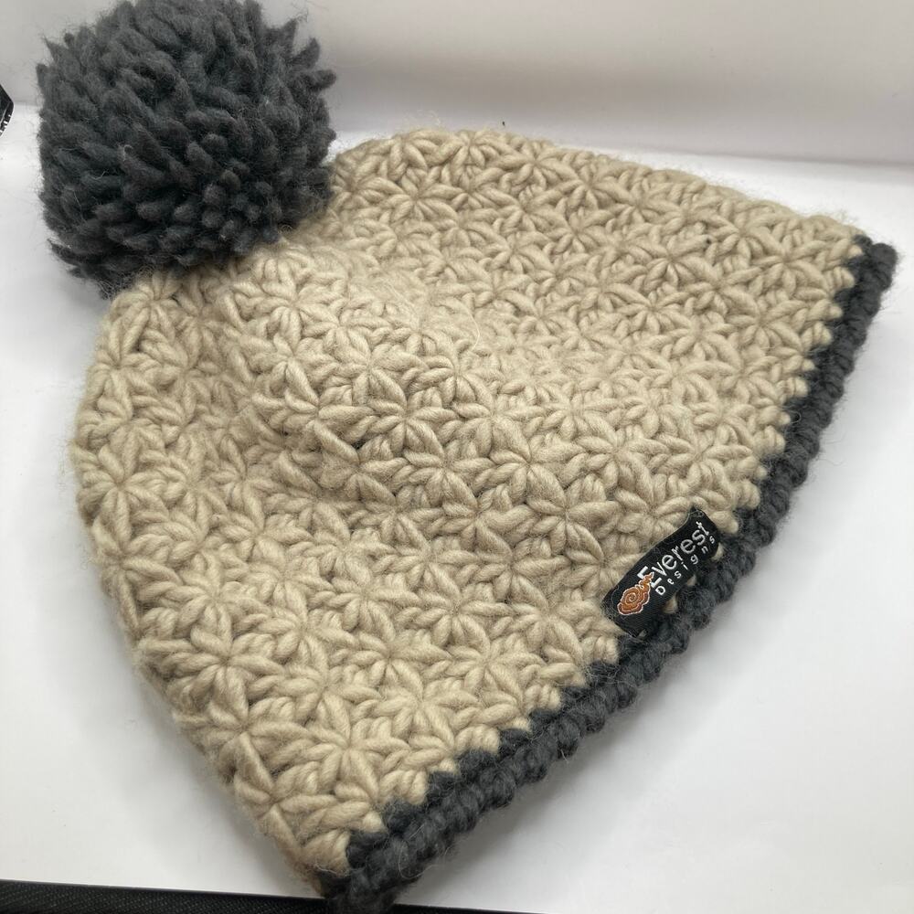 Everest Designs Cream & Gray Wool Chunky Knit Lined Beanie Adult OS Ski Outdoor